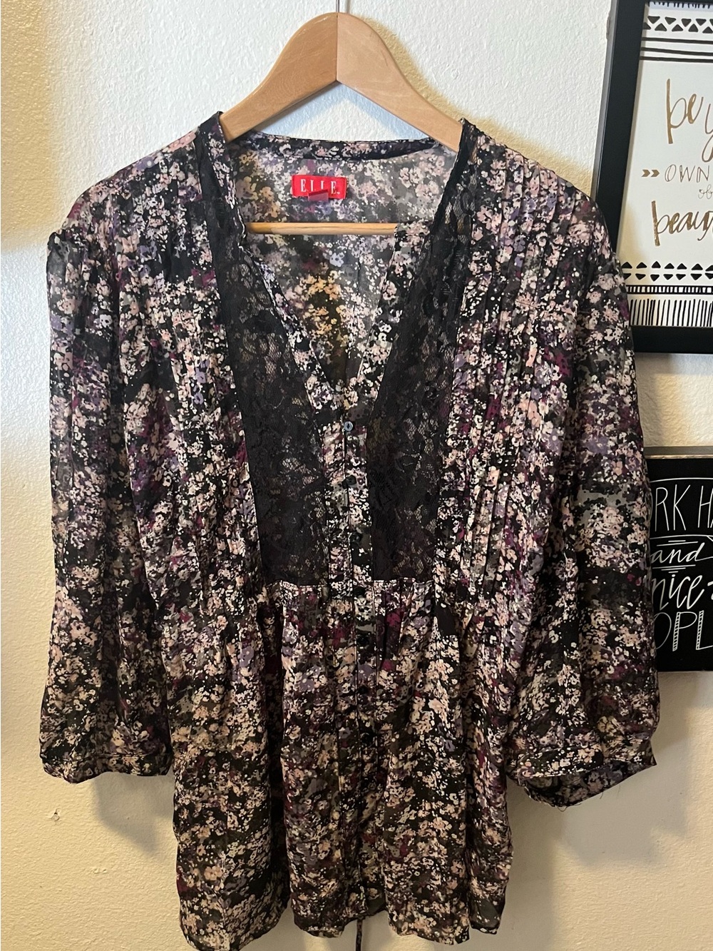 ELLE Black Floral Lace-Trim Peasant Blouse